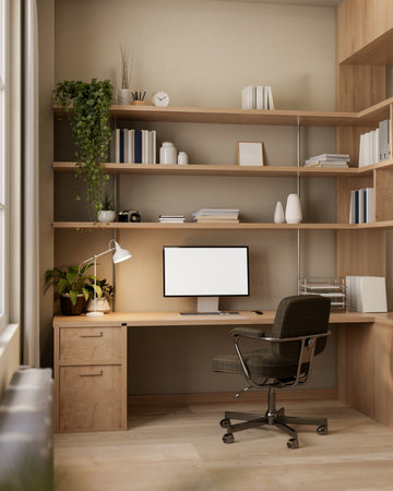 The interior design of a cozy, contemporary home office or private workspace features a computer...
