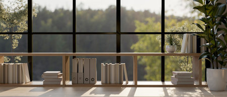 A minimal wooden lower bookcase by the large window in a contemporary room. image with a copy space....
