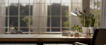 A space for displaying products on a wooden desk features headphones, books, and decorative plants,...
