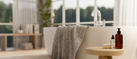A close-up image of a mini wooden side table with bath products in a contemporary bathroom, featuring a modern bathtub and an amazing large window. 3d render, 3d illustrationの写真素材