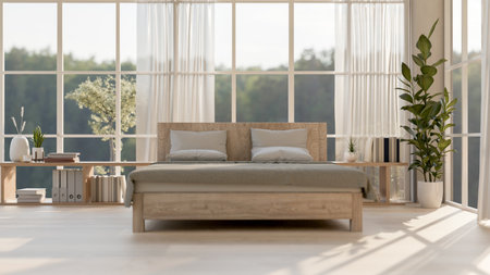 The interior design of a contemporary Scandinavian bedroom features a comfortable wooden bed, a lower bookcase, a houseplant, a parquet floor, and a large window. 3d render, 3d illustrationの写真素材