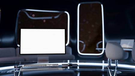 A computer mockup on a black metallic chrome desk in a room with a dark futuristic spaceship theme...