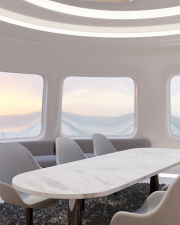 A modern, minimalistic cafe or meeting room in a futuristic spaceship theme features a white marble table and chairs, white walls, and spaceship-shaped windows. 3d render, 3d illustrationの写真素材