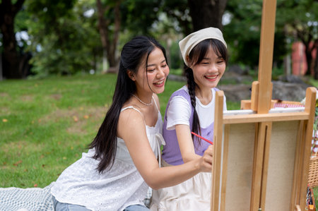 Two positive and lovely young Asian women are enjoying painting on a canvas easel together in a park on a summer day. hobby, leisure, lifestyleの写真素材