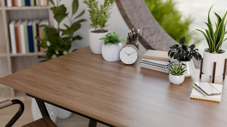 A top view image of a space for displaying products on a wooden desk features decorating plants and stationery in a contemporary room. office, place of work, home office, 3d render, 3d illustrationの写真素材