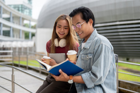 A lovely young Asian female college student is reading a book with her male friend in a campus...