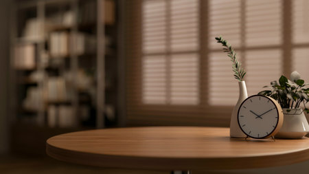 A round wooden table featuring an alarm clock, decorative plants, and a copy space, set against a...