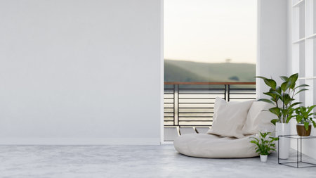 The interior design of a modern white room features a lounge bean bag with pillows by the window, a white wall, and houseplants. 3d render, 3d illustrationの写真素材