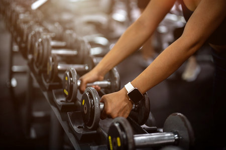 A cropped side view of a sporty woman in athletic wear placing a dumbbell on a rack during her workout in a professional fitness gym. image with copy space, people and sport conceptsの写真素材