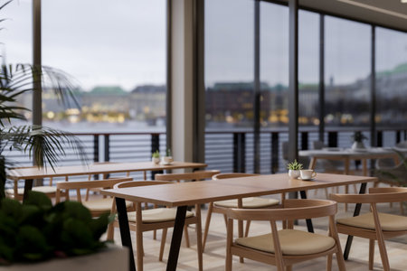 The interior design of a modern, spacious restaurant in a skyscraper features minimal wooden tables, armchairs, and indoor plants, all set against a stunning city view. 3d render, 3d illustrationの写真素材