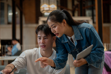 An attractive Asian woman in a denim jacket is in a coffee shop with her male friend, discussing and...