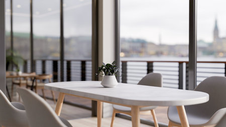 A luxury white marble table with chairs by the window with a stunning city view, a modern meeting...