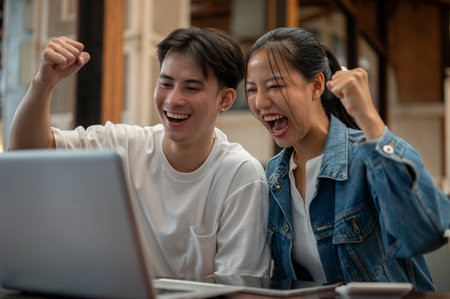 Two cheerful and excited young Asian friends are celebrating good news together, looking at a laptop screen with overjoyed expressions and showing their fists in triumph. teamwork, colleagueの写真素材