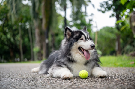 A cute, fluffy Siberian husky dog lying on the street in a green park with a tennis bal nearby, enjoying outdoors, playing fetch. dog, animal, petの写真素材