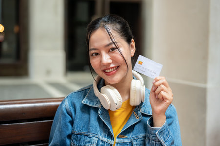 A beautiful Asian woman in a denim jacket sits on a bench outdoors, holding up a credit card and...