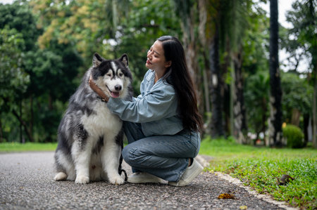 A cheerful Asian woman in a denim outfit is sitting and playing with her Siberian husky dog while taking it for a walk in a green public park. pet, best friend, dog lover, animal adoption, animalの写真素材