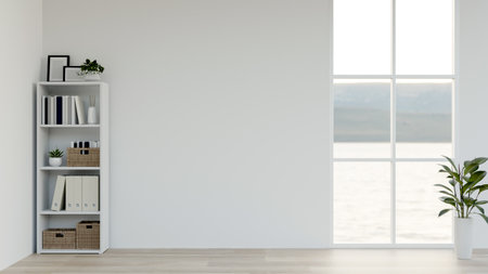 The interior design of a minimalist white empty room features a space against the white wall, a shelf, a parquet floor, and a houseplant by the window. 3d render, 3d illustrationの写真素材