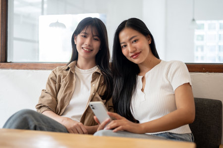 A portrait of two beautiful Asian women sitting on a sofa in a coffee shop, smiling at the camera. people and lifestyles conceptsの写真素材