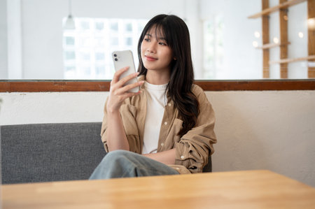 A beautiful, positive Asian woman in casual clothes is sitting in a coffee shop or living room, daydreaming while using her smartphone. people, lifestyles, and wireless technologyの写真素材