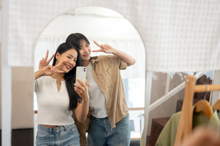 Two pretty and cheerful Asian female friends are enjoying taking selfies with a smartphone in front of the mirror in a clothing store, having fun shopping together on their weekend in the city.の写真素材