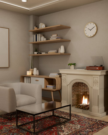 The interior design of a cozy vintage-contemporary living room features a classic white fireplace, a...
