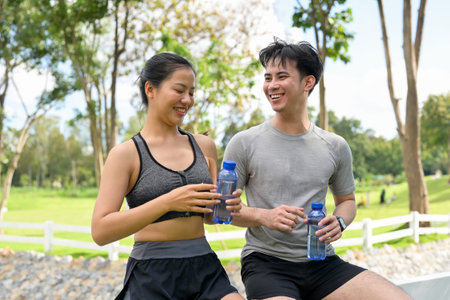 A happy, healthy, and fit Asian couple in sportswear enjoy chatting while drinking water and resting...