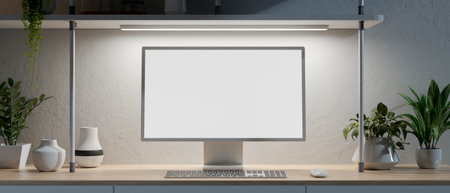 A computer with a white screen mockup is placed on a minimal table against a white wall in a dark...