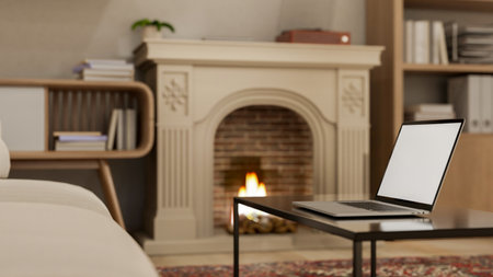 A close-up of a laptop placed on a modern coffee table in a cozy, vintage-contemporary living room, featuring a classic white fireplace and tasteful home decor. 3d render, 3d illustrationの写真素材