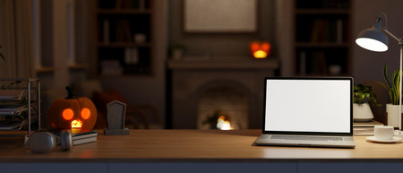 A close-up of a laptop mockup and accessories on a wooden table in a living room on Halloween night, illuminated by a table lamp and glowing Halloween pumpkin lights. 3d render, 3d illustrationの写真素材