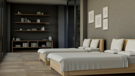 The interior design of a contemporary hotel bedroom features double queen-size beds, a grey wall, a...