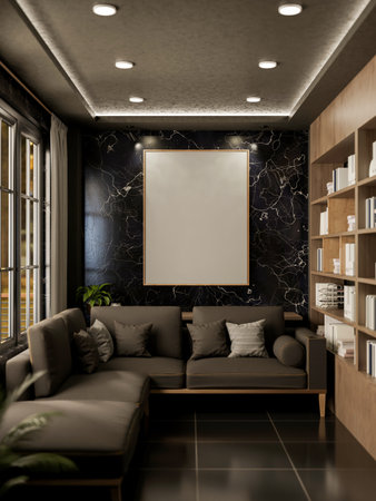 The interior design of a modern, elegant living room featuring a L-shaped grey sofa, a large frame...
