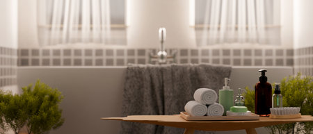 A close-up of a wooden table featuring bath accessories and products in a comfortable bathroom, with a bathtub by the window and indoor plants. 3d render, 3d illustrationの写真素材