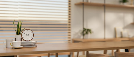 A close-up of a showcase space for displaying products on a wooden tabletop in a minimalist...