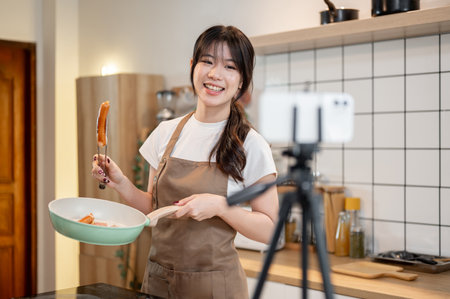 A pretty and happy young Asian female food content creator or chef in an apron is recording a video while cooking in the kitchen, showing her food to the camera.の写真素材