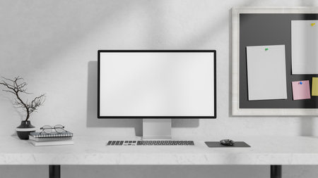 A front view of a computer with a white screen mockup and decor on a white table against a white wall with a memo board on it. minimalist office desk workspace, 3d render, 3d illustrationの写真素材