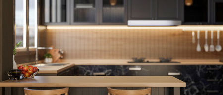 A copy space for displaying products on a modern wooden kitchen tabletop or kitchen island in a...