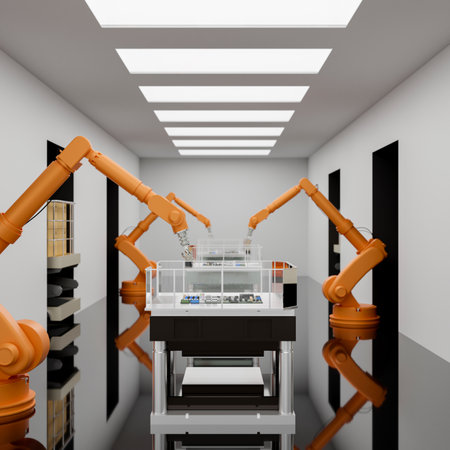 Robotic arms are assembling high-end technology circuit boards in a modern factory. Automated...