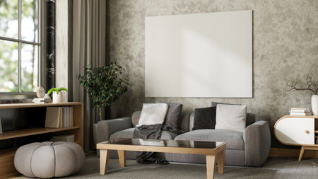 Interior design of a modern grey apartment living room features a grey sofa with pillow, empty frame...