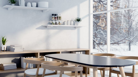 The interior design of a minimalist white dining room by the window, featuring a simple dining table, a bookcase, home decor, and a winter view outside. 3d render, 3d illustrationの写真素材