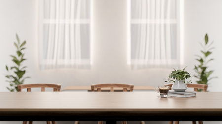 A close-up of a space for displaying products on a wooden dining table in a contemporary white room. home dining room. 3d render, 3d illustrationの写真素材