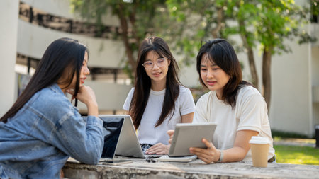 A group of Asian female college students is working on a project together at a table in a college park, brainstorming and discussing their work. education and people conceptsの写真素材