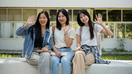 A group of cheerful and friendly Asian female college students is sitting together on a bench in...