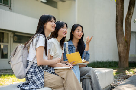 A group of cheerful Asian female college students, best friends, is sitting together in their college park, enjoying a conversation and looking at something together.の写真素材
