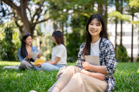 A charming, positive Asian female college student in casual clothes sits on the grass in her college campus park, holding a digital tablet and smiling at the camera.の写真素材