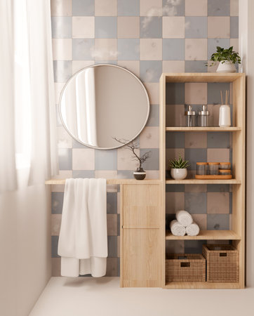 A minimalist bathroom features a minimal wooden towel rack, a round mirror, a wooden cabinet, and tiled wall. 3d render, 3d illustrationの写真素材