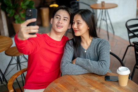 A sweet young Asian couple, dressed in cozy winter clothes, are taking selfies with a smartphone while enjoying a coffee date at a cozy coffee shop in winter. people and lifestyles conceptsの写真素材