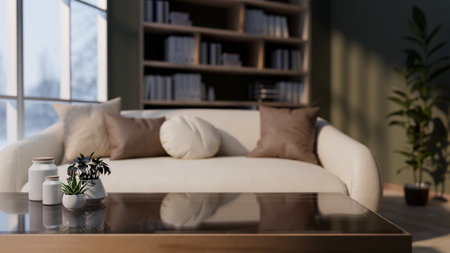 A close-up of a copy space for displaying products on a coffee table in a contemporary living room features a comfortable white sofa with pillows and a bookshelf. 3d render, 3d illustrationの写真素材
