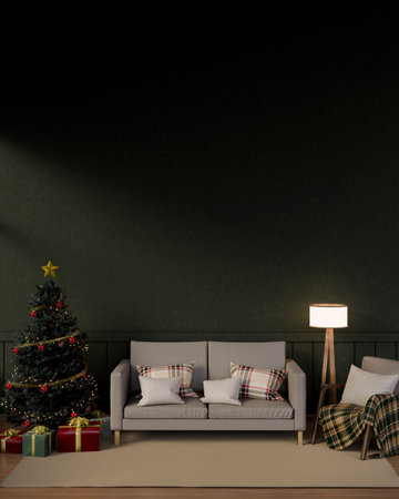 An elegant, cozy living room on a festive Christmas night features a sofa, a floor lamp, an...
