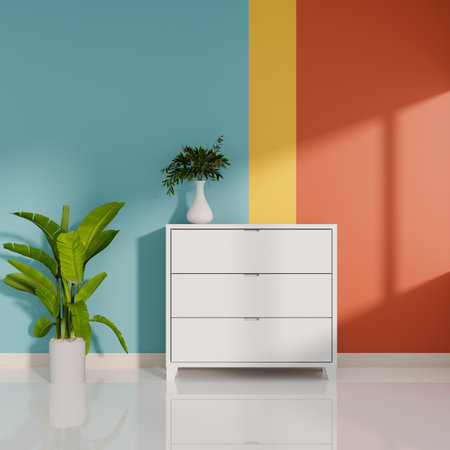 The interior of a trendy, colorful room features a minimal white drawer, decorative plants, and a white tiled floor, with sunlight casting shadows on the vibrant wall. 3d render, 3d illustrationの写真素材