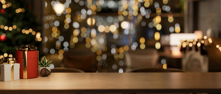 A wooden tabletop set against a blurred background of a cozy living room on Christmas night. illuminated by the glowing lights of a Christmas tree. 3d render, 3d illustrationの写真素材